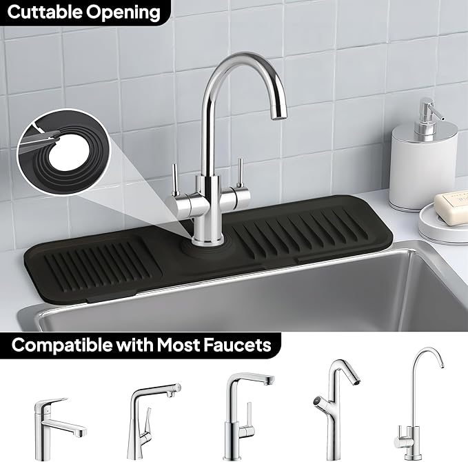 Premium 17 Inch Faucet Mat Guard for Sink Area Durable Silicone Splash Mat Multi-Use Water Catcher Tray Fast Drying Draining Protector (Black)