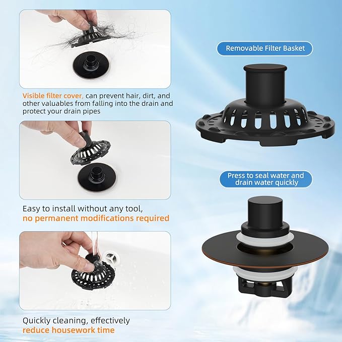 2PACK Universal Bathtub Drain Stopper Shower Hair Catcher Bathroom Sink Strainer, Tub Stopper with Visible Top Strainer, Brass Metal 3 in 1 Stopper for Standard 1.1''~2.36'' Hole, Oil-Rubbed Bronze