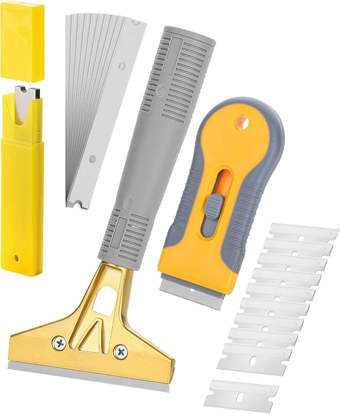 Bates- Razor Blade Scraper Set, 2 Pack, 1.5" & 4" Razor Scraper Tool with 20 Extra Carbon Steel Blades, Window Scraper Blades, Glass Scraper for Windows, Paint Scraper Blade Scraper for Cleaning