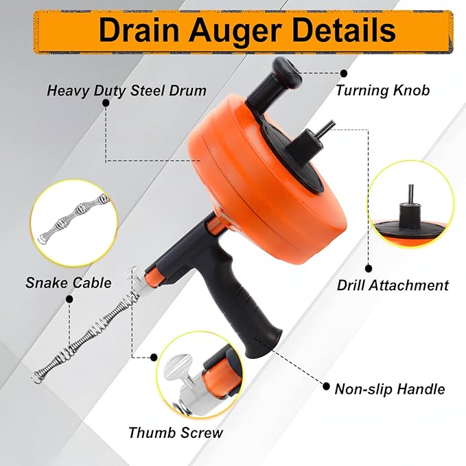 Drain Auger 50FT, Drain Snake with Drill Adapter, Plumbing Snake Clog Remover Use Manually or Powered for Kitchen, Bathtub and Shower Drains