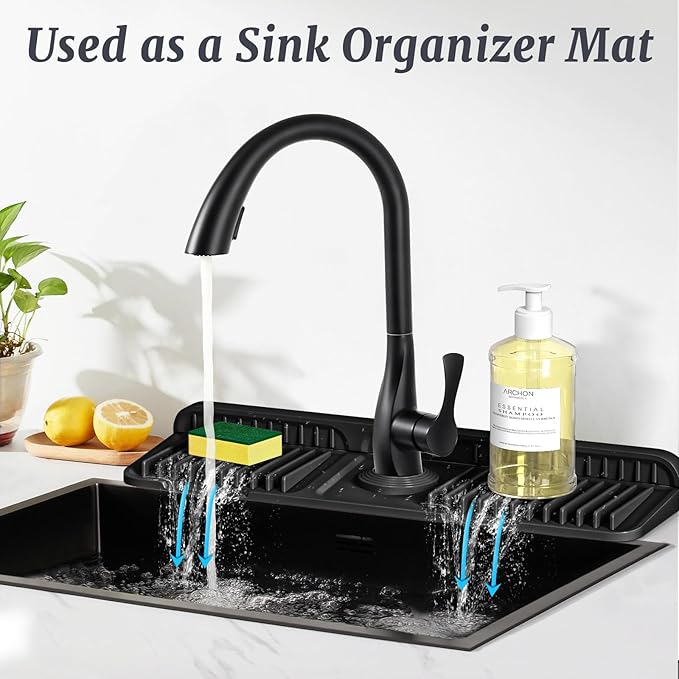 PoYang 17.7 inch Faucet Mat for Kitchen Sink Splash Guard, 7° Slope Silicone Sink Water Splash Guard for Kitchen Sink Area with Snap Button, Long Sink Protectors for kitchen Sink Sponge Holder, Black