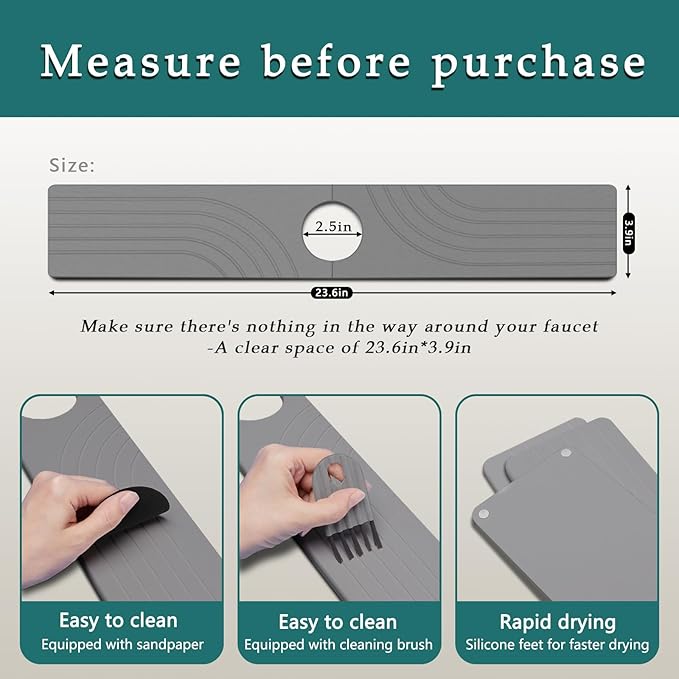 Kitchen Sink Diatomite Splash Guard - Fast-Drying Anti-Slip Diatomite Sink Protector, Stone Absorption Tray for Bathroom Countertops (Gray, 23.6" x 3.9" x 0.4")