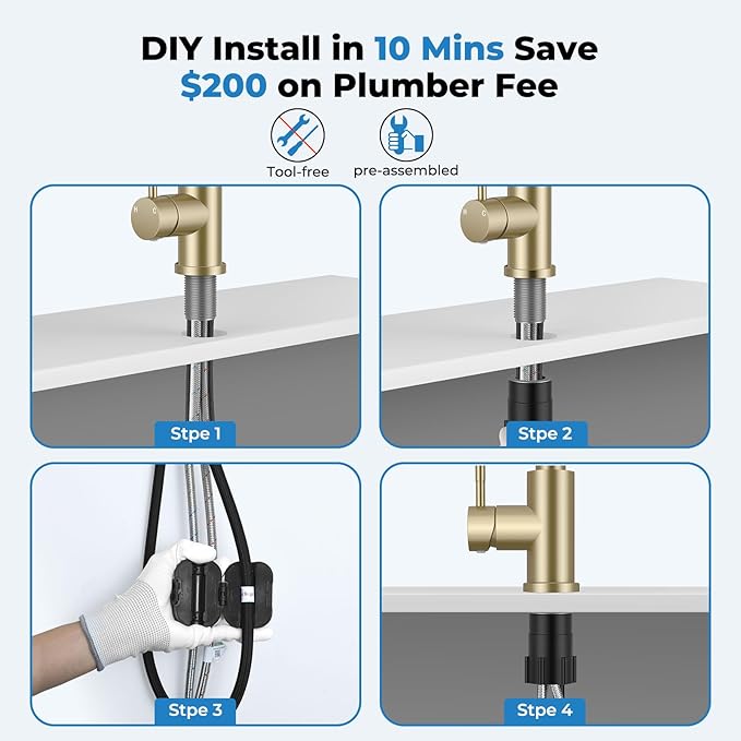Gold Kitchen Faucet, Brass Kitchen Faucet with Pull Down Sprayer, Single Hole Stainless Steel Brushed Gold Faucet for 3 Hole Kitchen Sink Gooseneck for Commercial Modern Camper RV Farmhouse Bar Sink