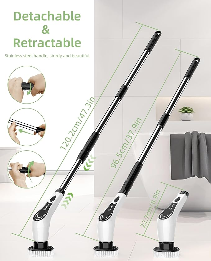 Electric Spin Scrubber, Cordless Power Scrubber with 7 Brush Heads &Telescopic Handle, Lightweight Bathroom Scrubber for Cleaning Tile Grout Tub Shower Floor Window, White-rx2