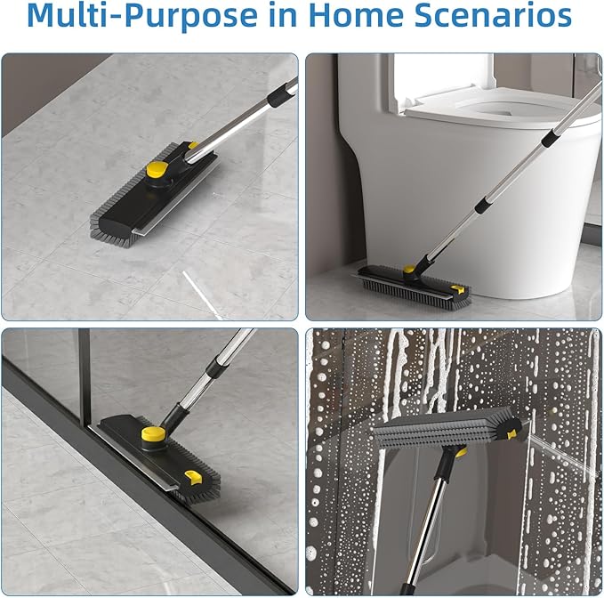 Scrub Brush with Long Handle, Floor Scrub Brush Squeegee Broom for Cleaning, 3 in 1 Shower Scrubber Floor Broom Squeegee for Concrete Tile Wall Deck Patio Black