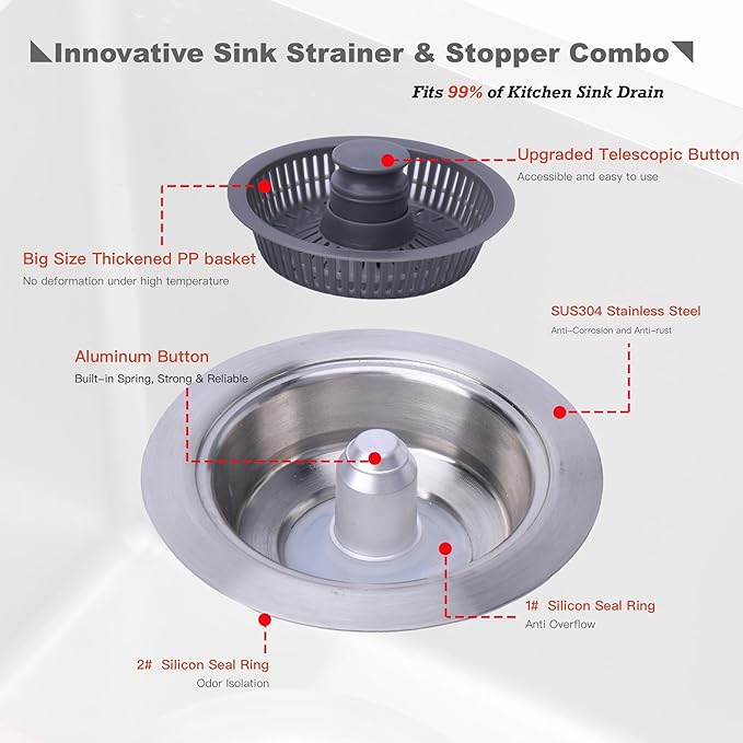 Kitchen Sink Drain Strainer 3 in 1, 304 Stainless Steel Pop Up Sink Stopper, Anti-Clogging Sink Stopper, Kitchen Drain Catcher, Food Catcher for US Standard (Silver Brushed 2#)