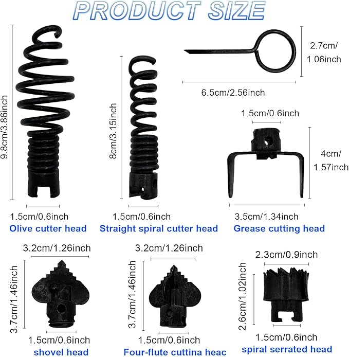 7 Pcs Drain Cleaner Combination Cutter Head Set 16mm Drain Snake Drill Attachmet Drain Snake Attachment for Pipeline Dredging Machine (Black)