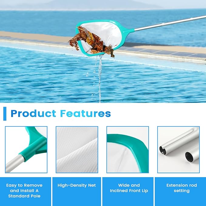 Pool Skimmer - Pool Skimmer Net with 8 Aluminum Pole Sections 80'', Skimmer Net with Fine Mesh Net for Cleaning Leaf of Swimming Pools