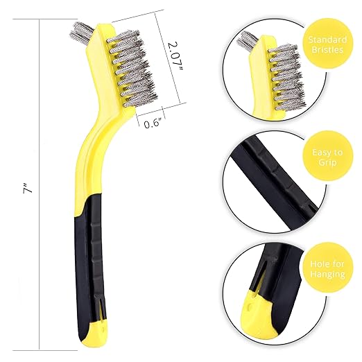 Wire Brush Set 3Pcs - Nylon/Brass/Stainless Steel Bristles with Curved Handle Grip for Rust, Dirt & Paint Scrubbing with Deep Cleaning – 7 Inches (Yellow)