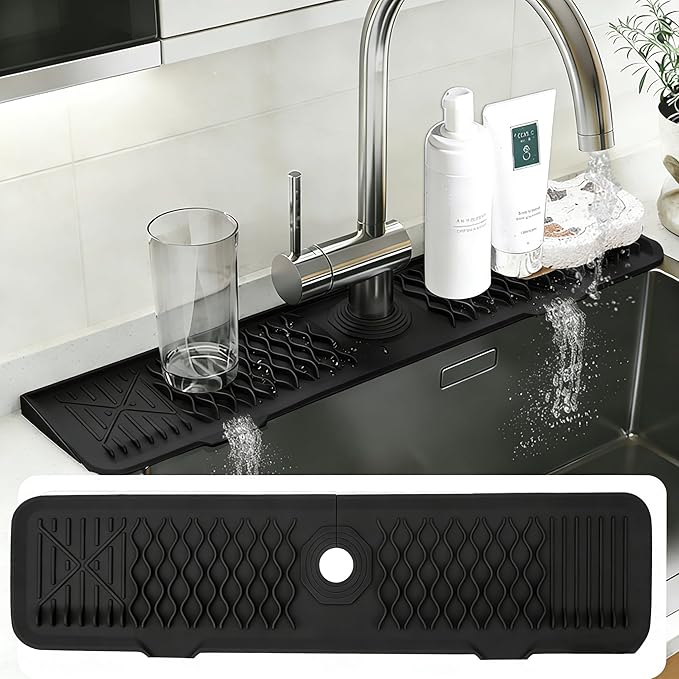 EBIGIC 24 Inch Silicone Faucet Mat for Kitchen Sink, 7° Slope Fast Self-Draining Sink Splash Guard, Kitchen Sink Water Catcher Organizer, Kitchen Sink Accessories (Black, 24''x5.6'')