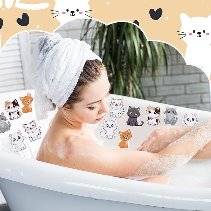 Yaomiao 24 Pcs Cat Non Slip Bathtub Stickers Shower Stickers Anti Slip Decal Threads Adhesive Appliques with Scraper Adhesive Decals for Safety Bathroom Tubs, Shower Floor, Stairs