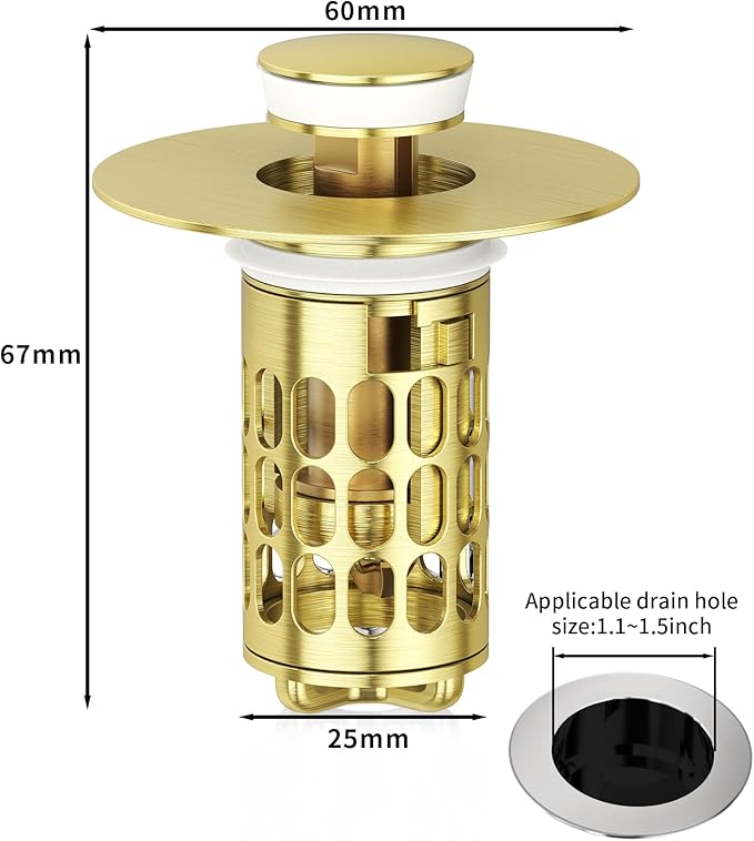 Upgraded Bathroom Sink Stopper with Hair Catcher - Universal Pop-Up Drain Plug, Stainless Steel & Silicone Seal for 1.1-1.5 Inch Drains, Gold Matte Brushed Finish (Gold Matte Brushed)