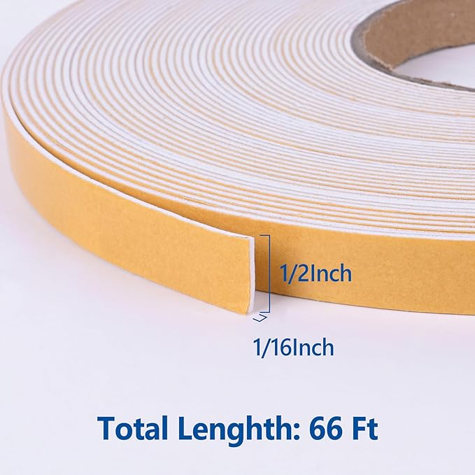 Self-Adhesive High Density Foam Insulation Strips - 1/2in x 1/16in x 66Ft Weatherstrip with Strong Adhesive for Door and Window Soundproofing