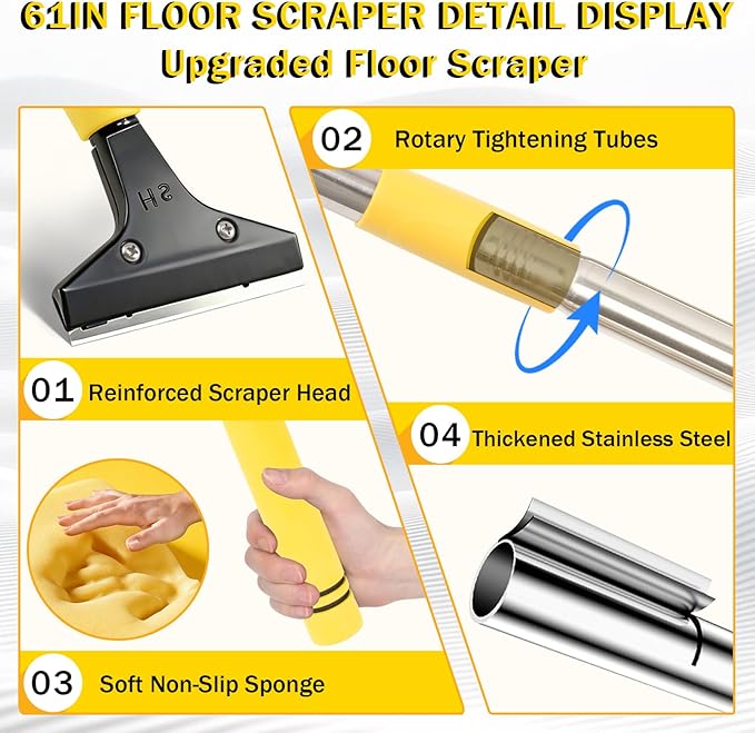 4"Razor Blade Floor Scraper with Long Handle,61in Adjustable Floor Scraper Heavy Duty with 10PCS Extra Metal Blades Paint Scraper for Cleaning Stickers Gum Glass Wall Tile Linoleum Stove Top