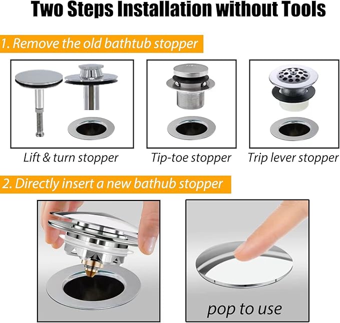 Bathtub Drain Stopper, Pop Up Tub Stopper and Cover, Bottom with Hair Catcher, Universal for 1.45 to 1.8in Drain, Replaces Old Drain Plug, Chrome Silver