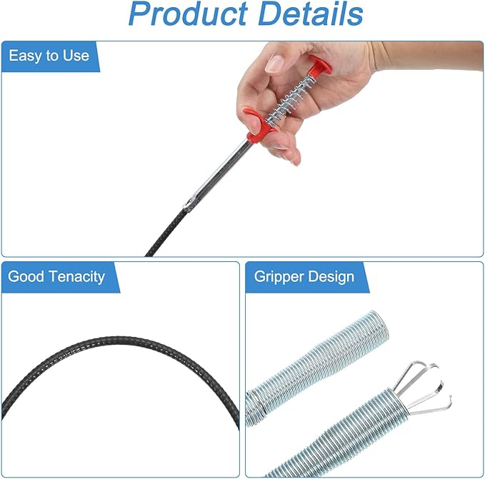 uxcell 62.99" Drain Clog Remover, Gutter Cleaning Tools Drain Cleaner, Flexible Grabber Claw Pick Up Reacher for Kitchen Bathroom Tub