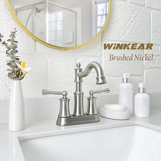 Roman Bathroom Sink Faucet Deck Mount or Wall Mount Installation Pop-up Drain Assembly with Overflow Deck Plate and Water Supply Lines Included (2 Hole Deck Mount, Brushed Nickel)
