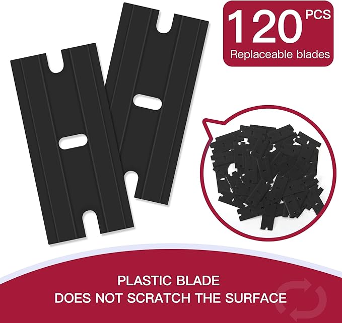 DEKEones Plastic Razor Blade Scraper, 2 Pack Razor Scraper with 100 Pcs Razor Blades for Removing Glue, Sticker, Decals, Tint from Car Window and Glass(Pink)