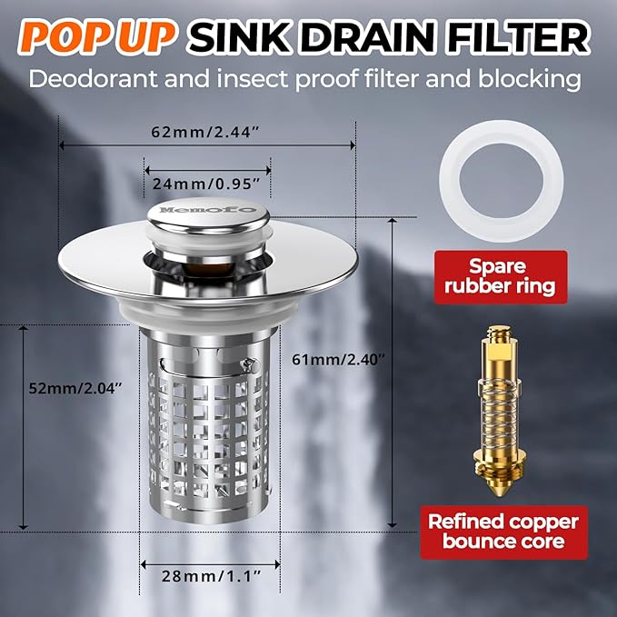 Bathroom Sink Stopper, Stainless Steel Pop-up Sink Stopper Hair Catcher with Removable Basket (2PCS)