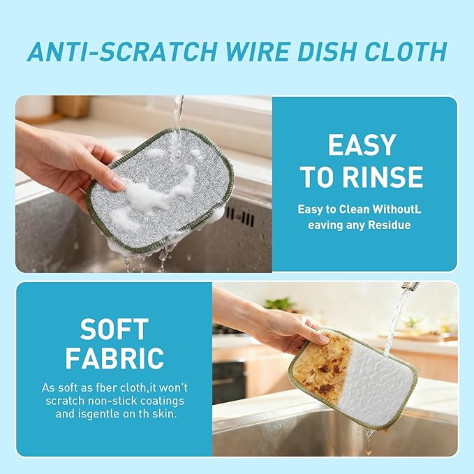 New Upgrade Non Scratch Wire Dishcloth, Multipurpose Wire Dishwashing Rags for Kitchen, Wet and Dry, Sinks, Cookware, Stove, Easy Rinsing, Reusable (6pcs, Small)