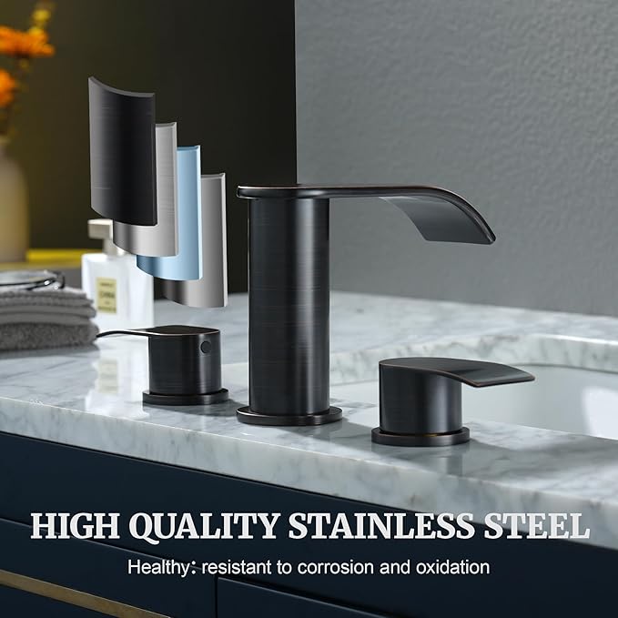 Ultimate Unicorn 8 inch Bathroom Faucet Oil Rubbed Bronze, Waterfall Bathroom Sink Faucet with Metal Pop-up Drain Stopper and 2 Supply Hoses,2 Handle Widespread Faucets for Vanity Sink 3 Holes
