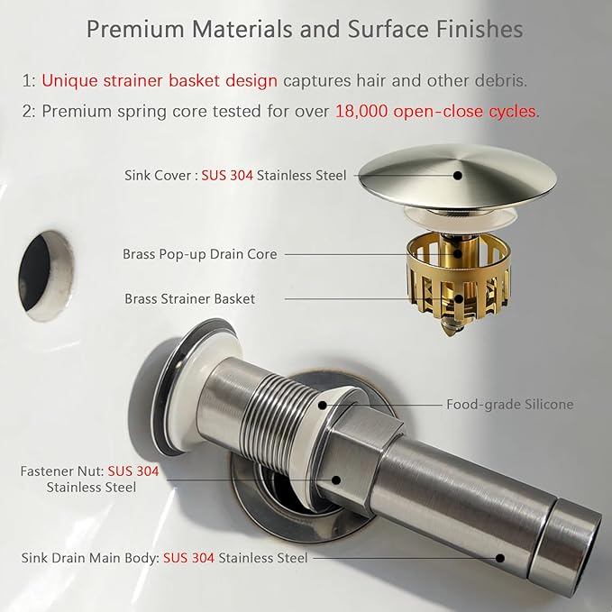 Bathroom Sink Drain, with Overflow, Pop up Sink Drain Stopper with Strainer Plug for Vessel Sink Lavatory Vanity, SUS 304 Stainless Steel, Brushed Nickel