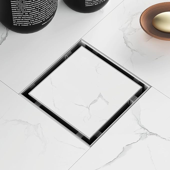 Sharpeye 4 Inch Square Shower Drain with Removable Tile Insert Grate, Brushed 304 Stainless Steel Square Shower Floor Drain, Includes Hair Strainer, CUPC Certified