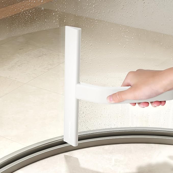 dancemoon JustHang Shower Squeegee for Glass Doors, All-in-One Piece Silicone Squeegee with Built-in Hook for Bathroom, Window, Mirror, Tile Wall, Car, Streak-Free Bathroom Cleaner Tool,10 Inch White