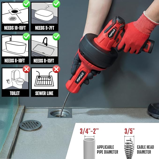 POPULO 12V Cordless Electric Drain Auger, Auto Feed Plumbing Snake Drain for Unclog Sink Drain 3/4"-2" Pipe, 16.8 FT Snake Hair Drain Clog Remover Cleaner Tools for Shower, Kitchen, Bathtub, Sink