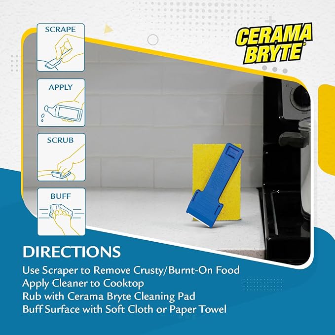Cerama Bryte 3 x Scraper & 3 x Pad Kit Cooktop and Stove Top Cleaner for Glass - Ceramic Surfaces, 6 Piece Set