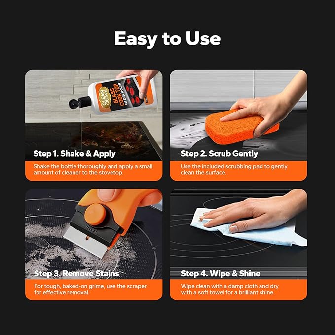 3-in-1 Cooktop Cleaner Kit (19 Oz Cooktop Cleaner + Scrubbing Pad + Scraper), Stovetop Cleaner for Electric Top Stoves, Ceramic Cooktops & Fireplace Glass, Remove Burned on Food, Grease