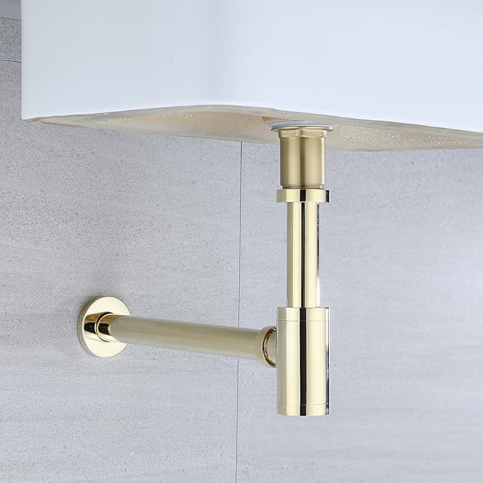 RANDOM Light Gold Polished Brass Contemporary Round Bottle P Trap 1 1/4,Basin Sink Waste Drain P Trap Kit.