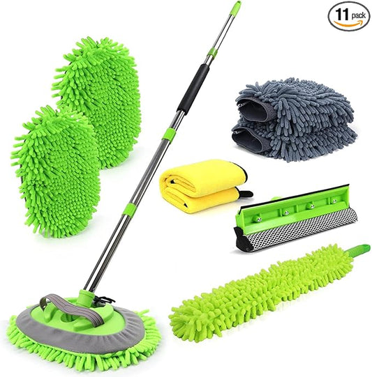 62'' Car Wash Brush with Long Handle Car Wash Mop Mitt Chenille Car Cleaning Kits Windshield Window Squeegee Car Duster Microfiber Towel Gloves for Cars RV SUV Truck 11PCS