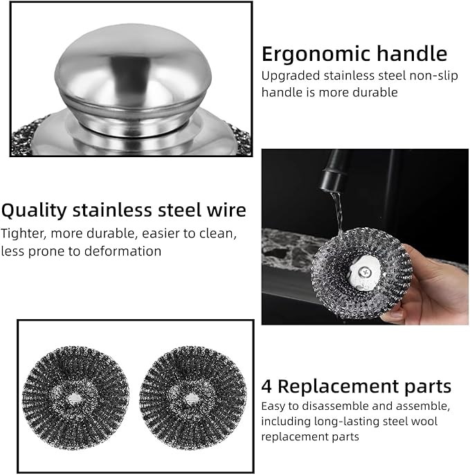 Stainless Steel Scrubber, 2 Scrubber with Handled + 4 Pads Heavy Duty Metal Wire Cleaner for Kitchen Pots, Pans, Ovens & Bathroom Stains, Rust & Grease Remover