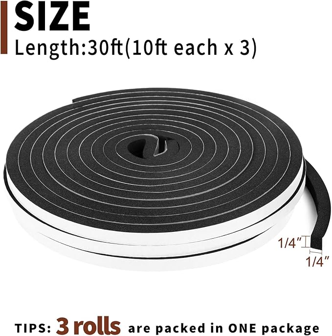 Yotache Foam Tape 3 Strips 1/4" x1/4", Weather Stripping for Doors and Window High Density Foam Seal Tape Sliding Door Weather Strip, Total 30 Feet Long (3 x 10 Ft Each)