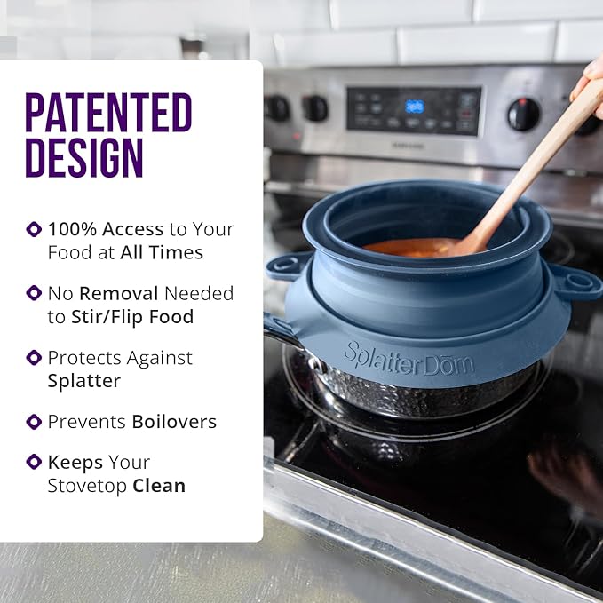 L.I.Q Silicone Splatter Guard – Fits 8 and 10 Inch Pots (20 and 25 Centimeters) – Microwave Safe and Durable SplatterDom - Includes 8” Lid - Food and Oil Splash Guard (Blue Steel, Small)