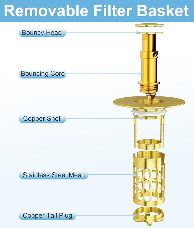 Upgraded Bathroom Sink Stopper with Hair Catcher - Universal Pop-Up Drain Plug, Stainless Steel & Silicone Seal for 1.1-1.5 Inch Drains, Gold Matte Brushed Finish (Gold Matte Brushed)