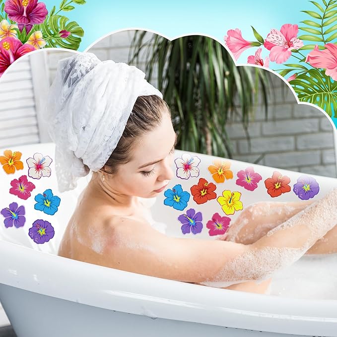 24 Pcs Hawaiian Flowers Non Slip Bathtub Sticker Summer Skidproof Shower Sticker Anti Slip Shower Decal Bathe Treads Adhesive Appliques Scraper Bright Flower Decal for Bathroom Decor