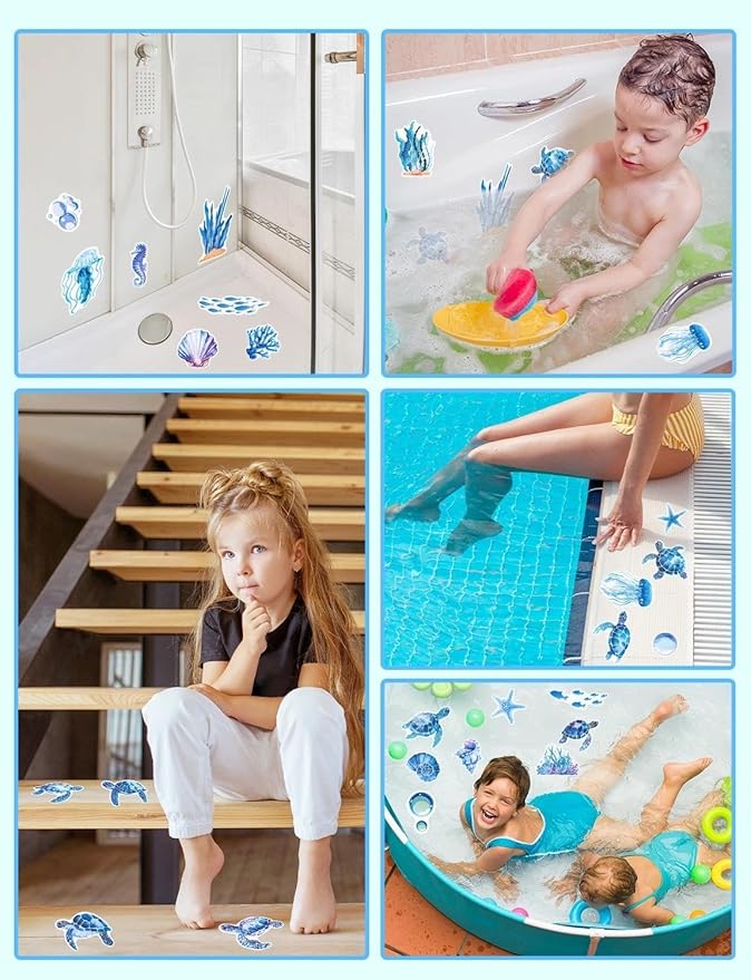 26Pcs Non Slip Bathtub Stickers, Cute Turtle Stickers with Scraper, Sea Creature Anti Slip Bath Tub Shower Decal with Adhesive Back for Bathroom, Shower Stairs