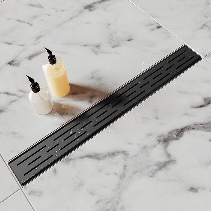 Shower Drain Stainless Steel for Bathroom: Black Linear Shower Drain 24 Inch with Removable Brick Pattern Grate - Adjustable Rectangular Shower Floor Drain with Hair Strainer (Matte Black)