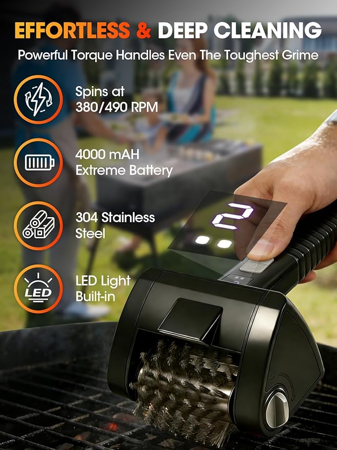 Electric Grill Brush, Built-in LED BBQ Cleaner with 29W High Torque Motor, 2-Speed Hard Scrubbing Cordless Grill Cleaner, 4000mAh Rechargable, Removable Dishwasher Safe 304 Stainless Steel Brush Head