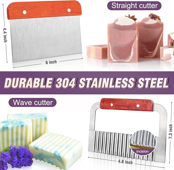 Walfos Silicone Soap Mold - Flexible Rectangular Loaf Mold Comes with Wood Box, Stainless Steel Wavy + Straight Scraper for Soaps Making 42oz