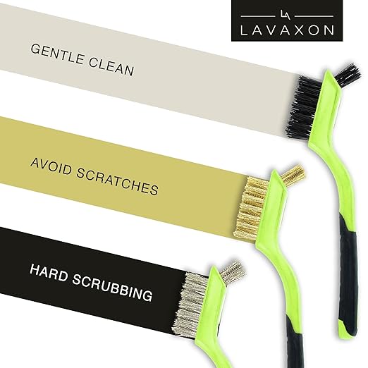 Wire Brush Set 3Pcs - Nylon/Brass/Stainless Steel Bristles with Curved Handle Grip for Rust, Dirt & Paint Scrubbing with Deep Cleaning – 7 Inches (Green)