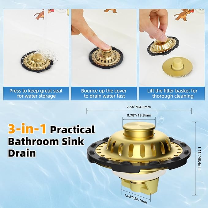 2PACK Universal Bathtub Drain Stopper Shower Hair Catcher Bathroom Sink Strainer, Tub Stopper with Visible Top Strainer, Brass Metal 3 in 1 Pop-up Stopper for Standard 1.1''~2.36'' Hole, Brushed Gold