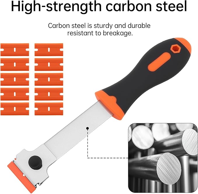 Razor Blade Scraper, Long Handled Scraper with 10 Extra Replacement Blades, Cleaning Scraper for Removing Stickers, Paint, Caulk, Label, Grease from Window, Car Glass, Windshield, Stove
