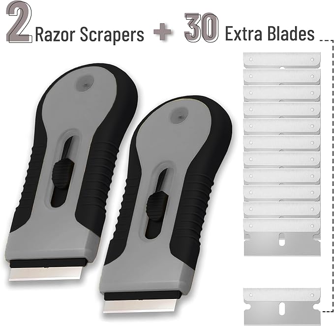 Bates- Razor Blade Scraper Tool, 2 Pack, 30 Extra Stainless Steel Blades, Anti-Slip Ergonomic Handle Design, Razor Scraper Set for Cleaning Window, Paint, Oven, Glass, Stove