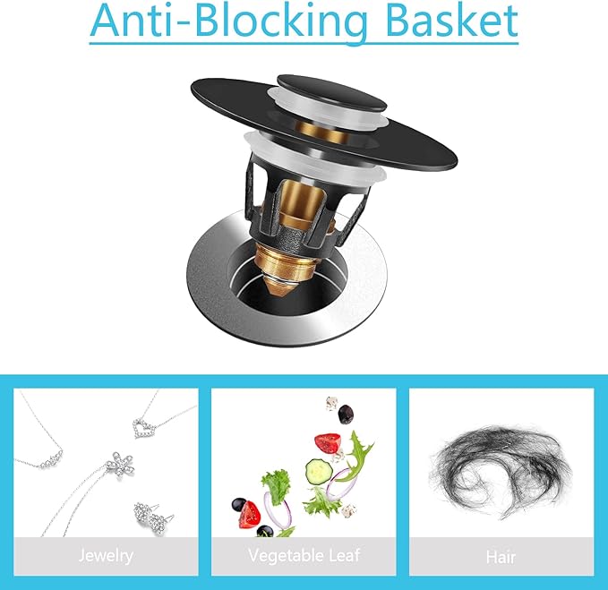 Universal Bathroom Sink Stopper in Brass, 1.04-1.97 Inch Pop Up Basin Sink Drain Stopper, Sink Drain Strainer with Anti Clogging Filter Hair Catcher, Black