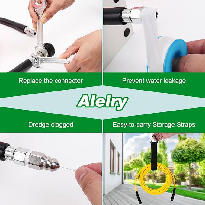 Sewer Jetter Kit for Pressure Washer,Water Jet Drain Cleaning Hose with Corner Rotating Button Spring Nose 1/4" NPT Sewer Cleaning Tool High-Pressure Nozzles,5800 PSI 200 FT