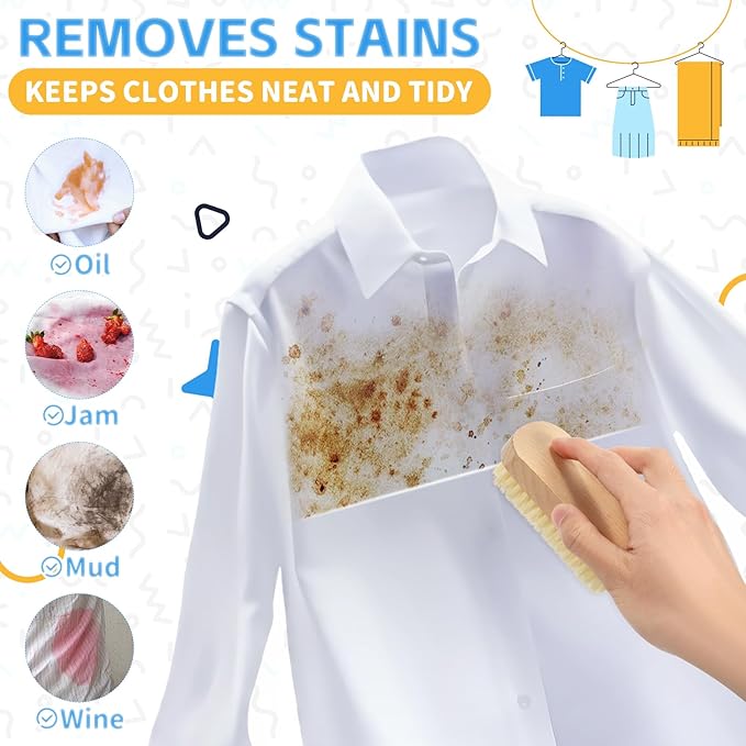 3-Piece Wooden Laundry Brush for Stains on Clothes - Gentle Boar Bristle Laundry Scrub Brush Stain Remover for Delicate and Everyday Fabrics