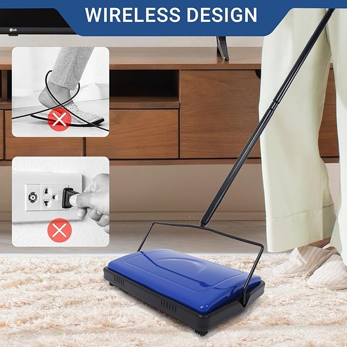 EZ SPARES Horsehair Carpet Sweeper Cleaner-5FT with Extension Pole for Any Height,Natural Water-Absorbent Horsehair Brush for Wet&Dry Spills, Soft on Carpet&Hardwood, Pet Hair Cleaner for Home(Blue)